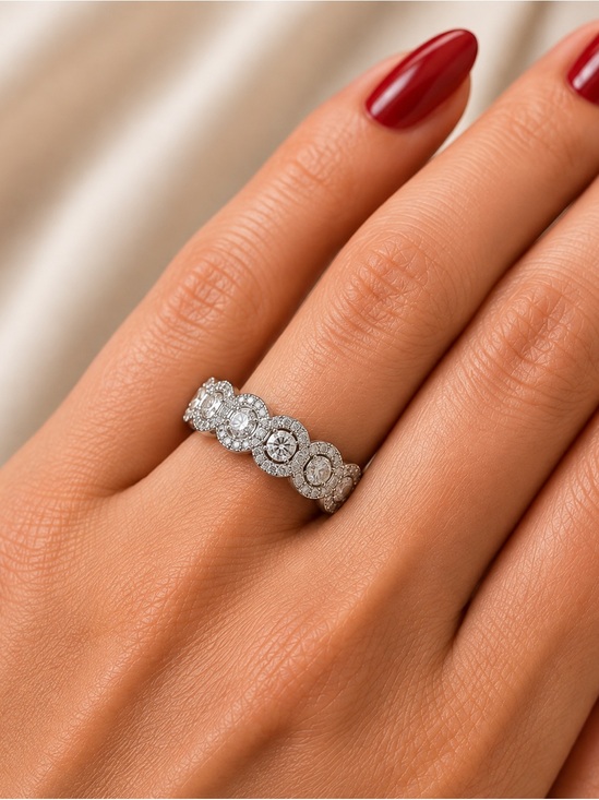 Jewelry - Sparkling Silver 1.33 ctw G-VS Natural Diamond Round Halo Band Size 7.75